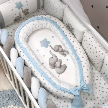 Saltea de somn sigură - Cuibul pentru bebeluși Familia elefănțel din bumbac 100%